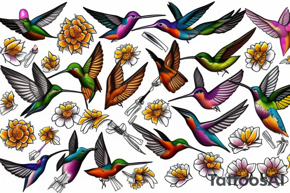 Humming bird and marigold tattoo idea