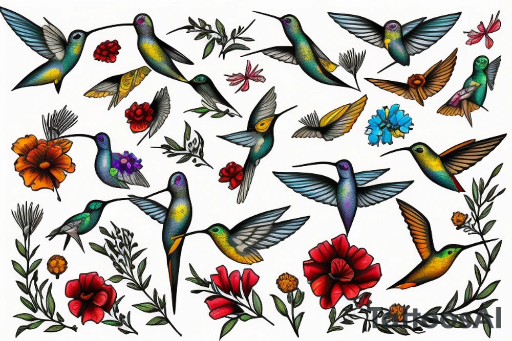 Humming bird and marigold tattoo idea
