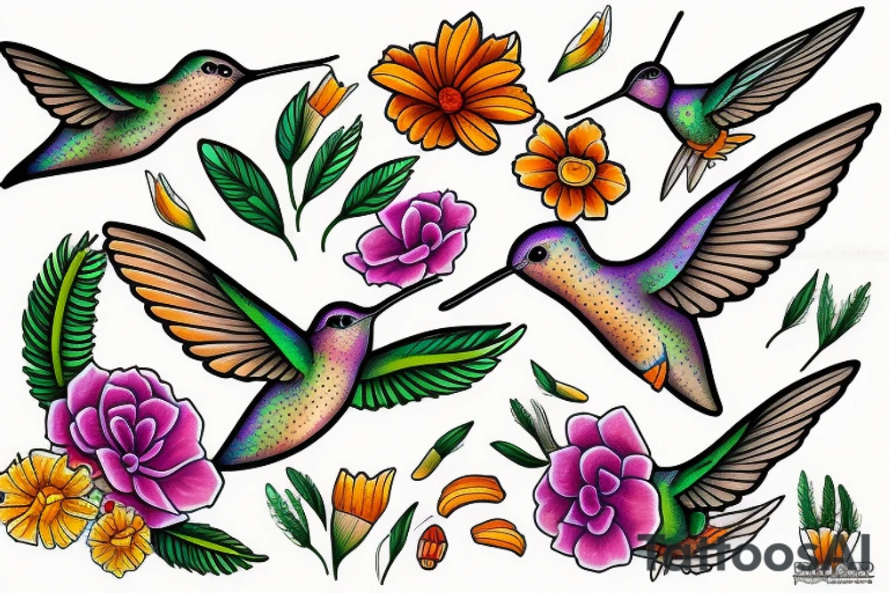 Humming bird and marigold tattoo idea