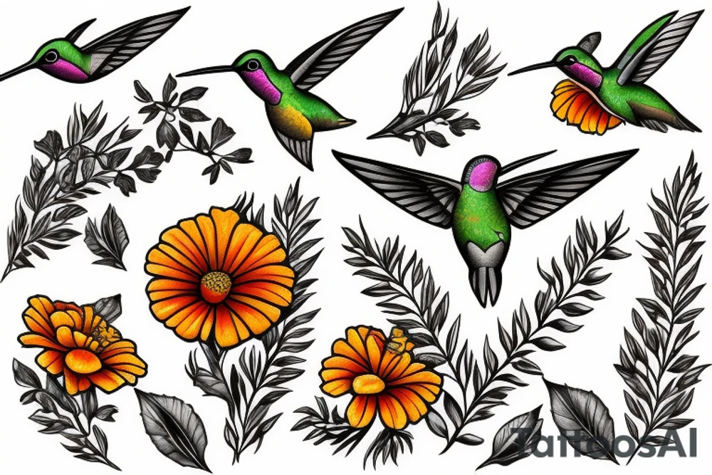 Humming bird and marigold tattoo idea