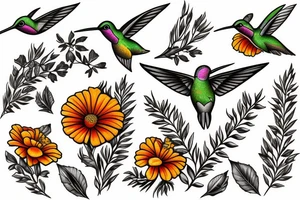 Humming bird and marigold tattoo idea