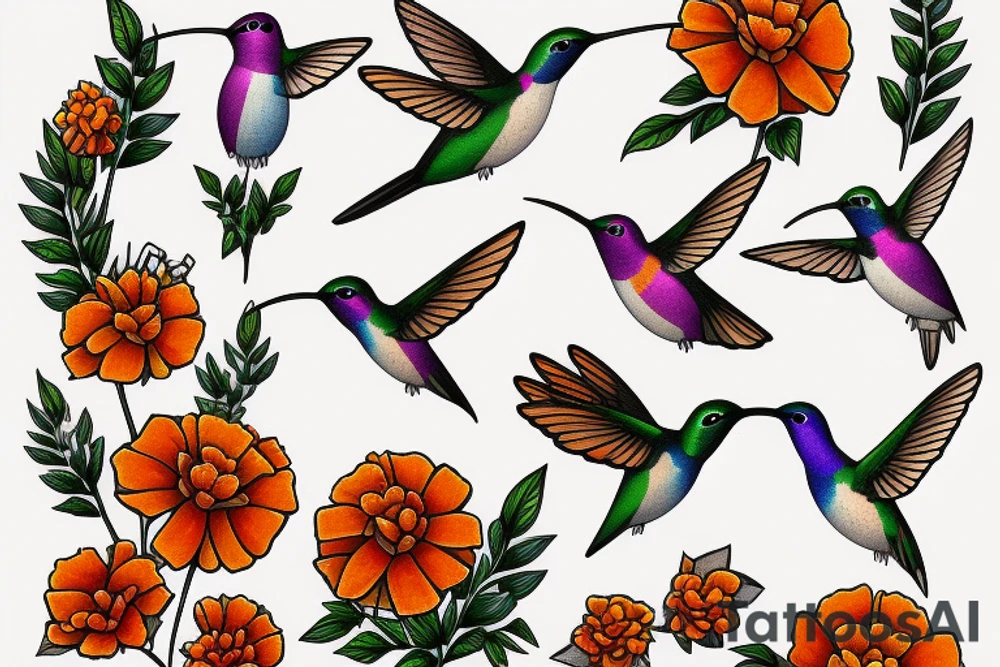 Humming bird and marigold tattoo idea