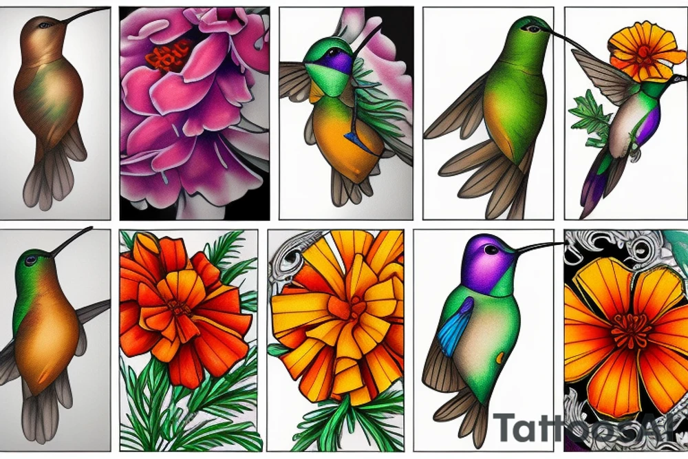 Humming bird and marigold tattoo idea