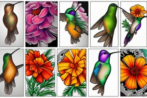 Humming bird and marigold tattoo idea