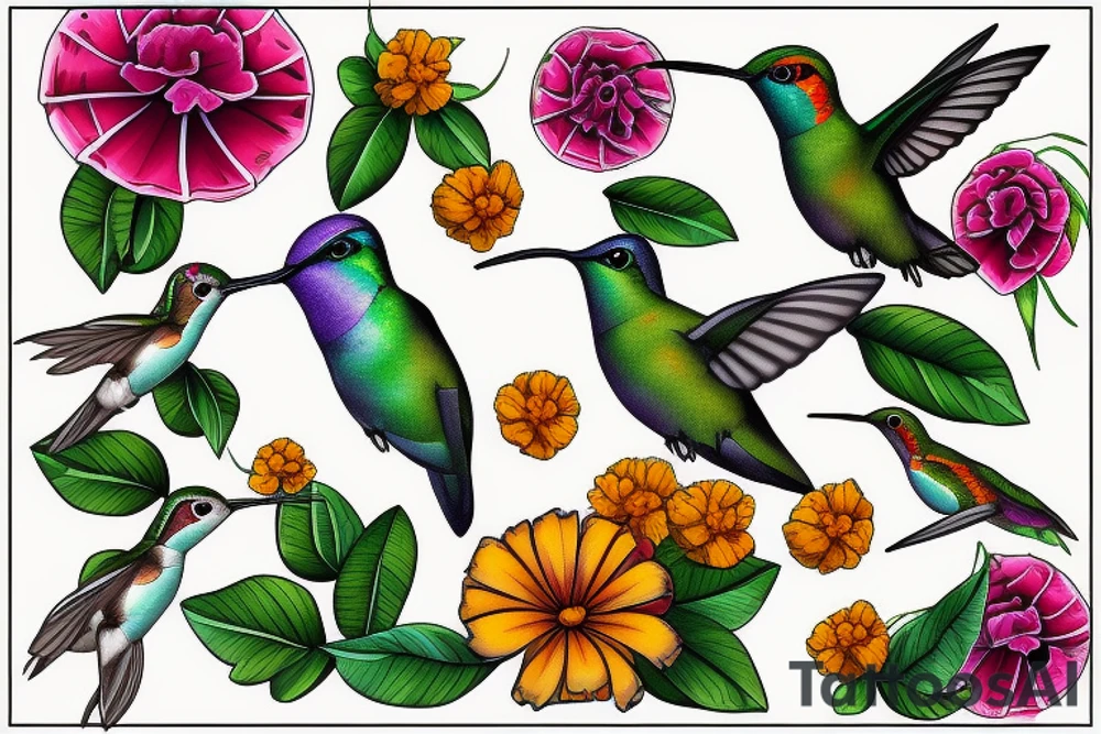 Humming bird and marigold tattoo idea