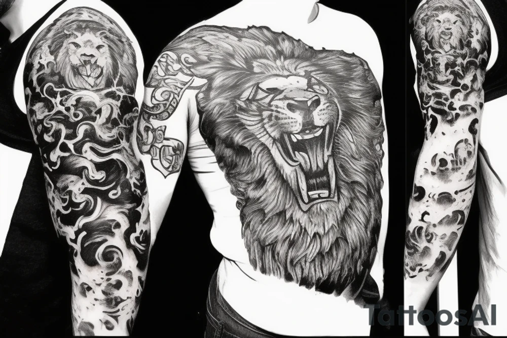 Initials CV with smoke coming out with a lion face hidden in the smoke and the names Alden Carter Georgia tattoo idea