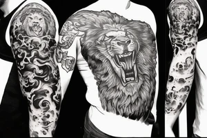 Initials CV with smoke coming out with a lion face hidden in the smoke and the names Alden Carter Georgia tattoo idea