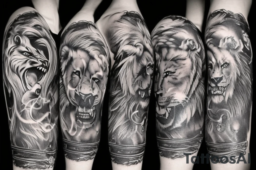 Initials CV with smoke coming out with a lion face hidden in the smoke and the names Alden Carter Georgia tattoo idea
