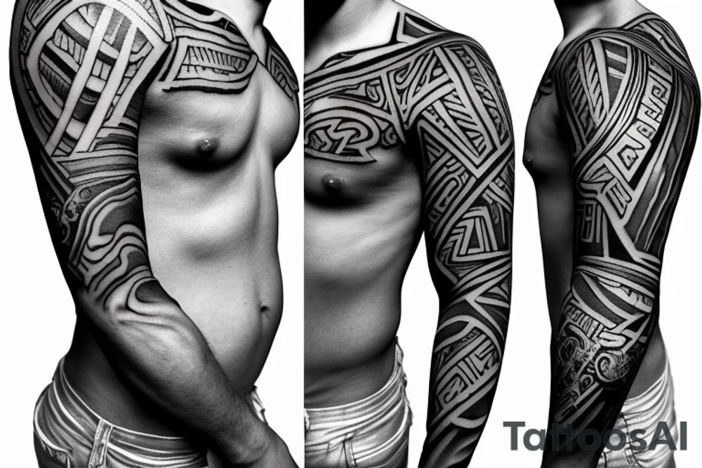 chest and arm blackout sleeve tattoo of pantheon warriors in galaxy illustration tattoo idea