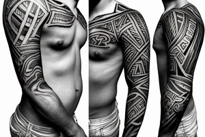chest and arm blackout sleeve tattoo of pantheon warriors in galaxy illustration tattoo idea