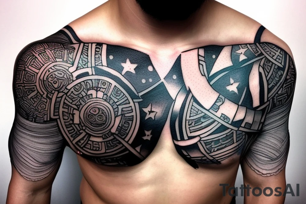 chest and arm blackout sleeve tattoo of pantheon warriors in galaxy illustration tattoo idea