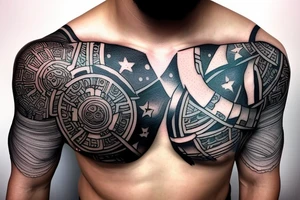 chest and arm blackout sleeve tattoo of pantheon warriors in galaxy illustration tattoo idea