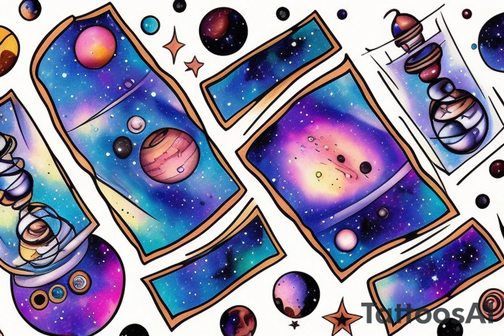 Galaxy hourglass with space and planets leaking out tattoo idea