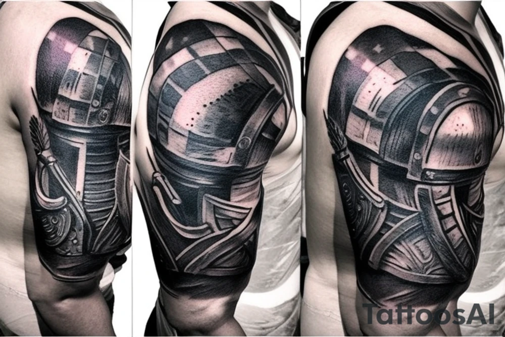chest and arm blackout sleeve tattoo of pantheon warriors in galaxy illustration tattoo idea