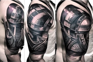chest and arm blackout sleeve tattoo of pantheon warriors in galaxy illustration tattoo idea