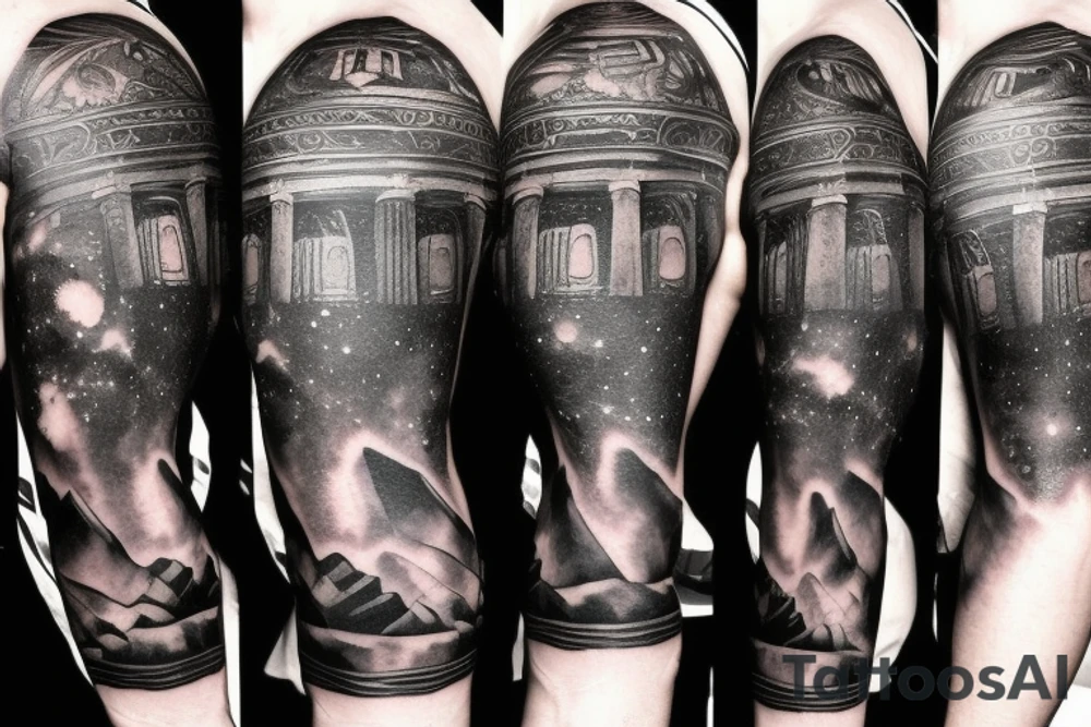 chest and arm blackout sleeve tattoo of pantheon warriors in galaxy illustration tattoo idea