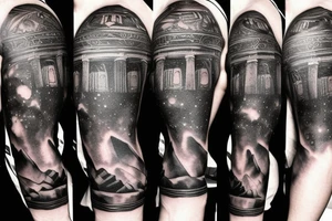 chest and arm blackout sleeve tattoo of pantheon warriors in galaxy illustration tattoo idea