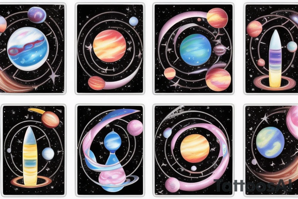 Galaxy hourglass with space and planets leaking out tattoo idea