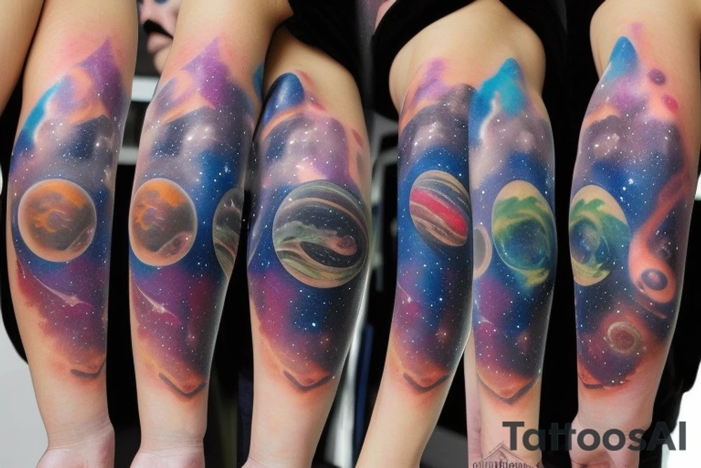 Galaxy hourglass with space and planets leaking out tattoo idea