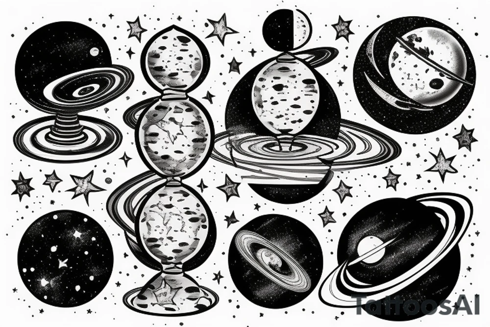 Galaxy filled hourglass with space and planets leaking out tattoo idea