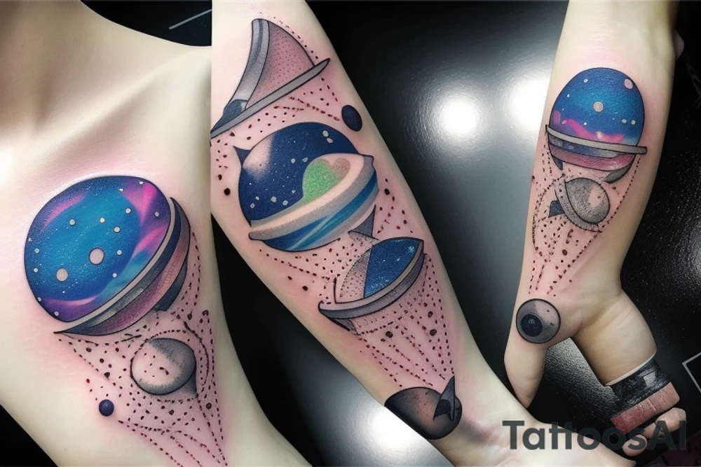 Galaxy filled hourglass with space and planets leaking out tattoo idea