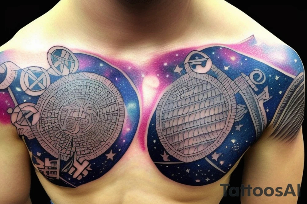 chest and arm blackout sleeve tattoo of pantheon warriors in galaxy illustration tattoo idea