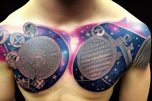 chest and arm blackout sleeve tattoo of pantheon warriors in galaxy illustration tattoo idea