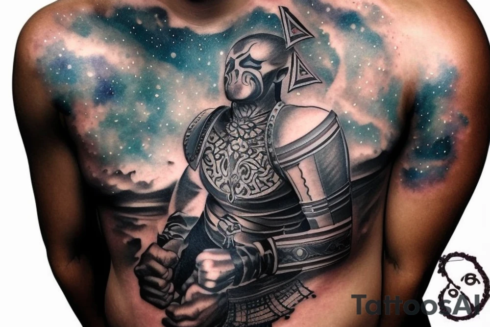 chest and arm blackout sleeve tattoo of pantheon warriors in galaxy illustration tattoo idea