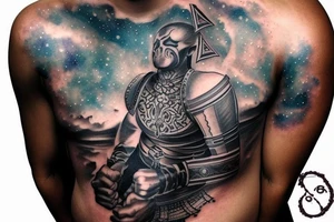 chest and arm blackout sleeve tattoo of pantheon warriors in galaxy illustration tattoo idea