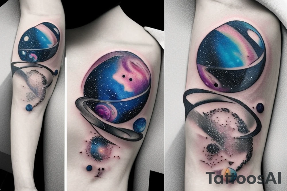 Galaxy filled hourglass with space and planets leaking out tattoo idea