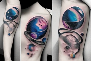 Galaxy filled hourglass with space and planets leaking out tattoo idea