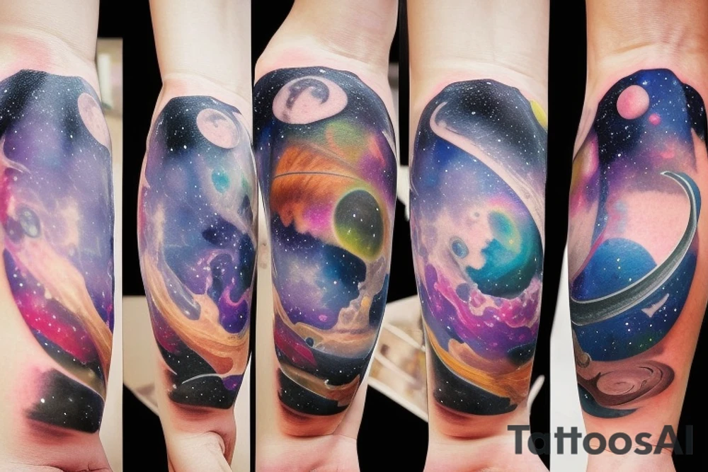 Galaxy filled hourglass with space and planets leaking out tattoo idea
