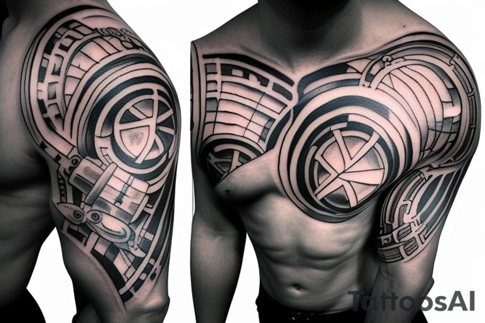 chest and arm blackout sleeve tattoo of pantheon warriors in galaxy illustration tattoo idea