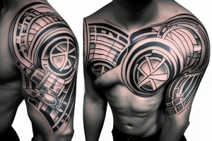 chest and arm blackout sleeve tattoo of pantheon warriors in galaxy illustration tattoo idea