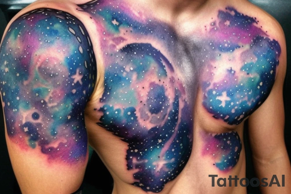 chest and arm blackout sleeve tattoo of pantheon warriors in galaxy illustration tattoo idea