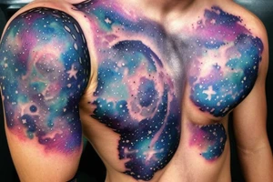 chest and arm blackout sleeve tattoo of pantheon warriors in galaxy illustration tattoo idea