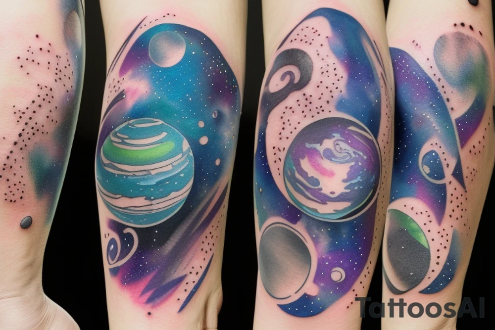 Galaxy filled hourglass with space and planets leaking out tattoo idea