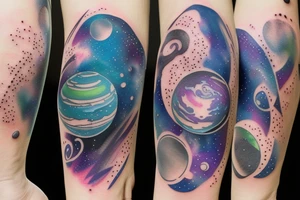 Galaxy filled hourglass with space and planets leaking out tattoo idea