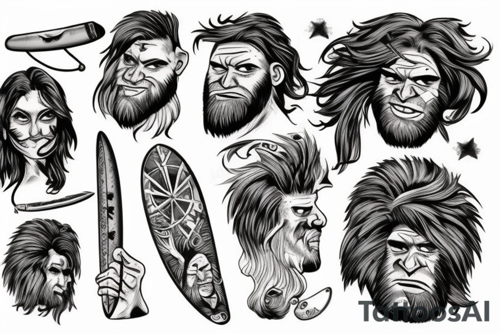 Caveman with batt on surfboard tattoo idea