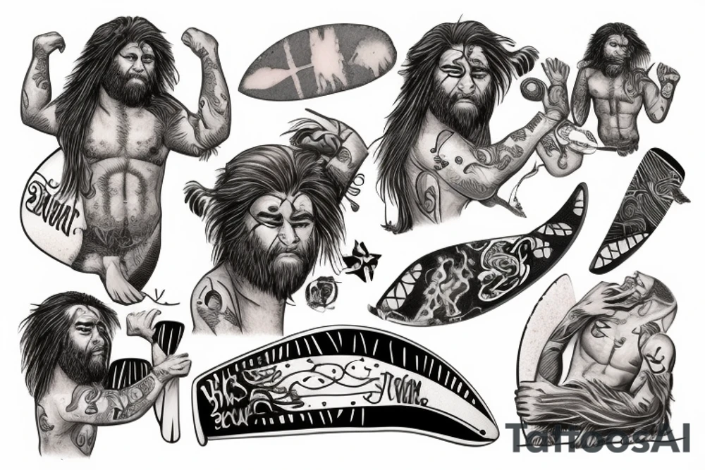 Caveman with batt on surfboard tattoo idea