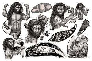 Caveman with batt on surfboard tattoo idea