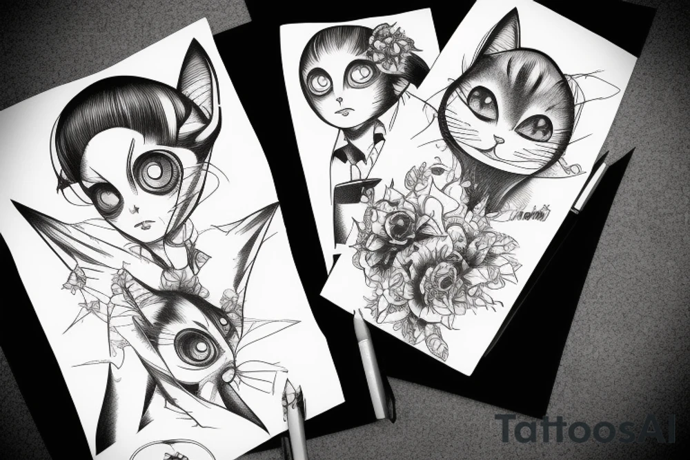 Tomie cat spiral gothic frame tattoo idea