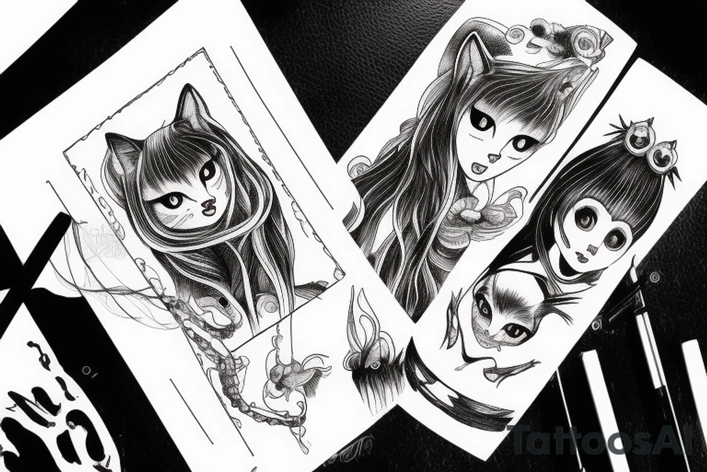 Tomie cat spiral gothic frame tattoo idea