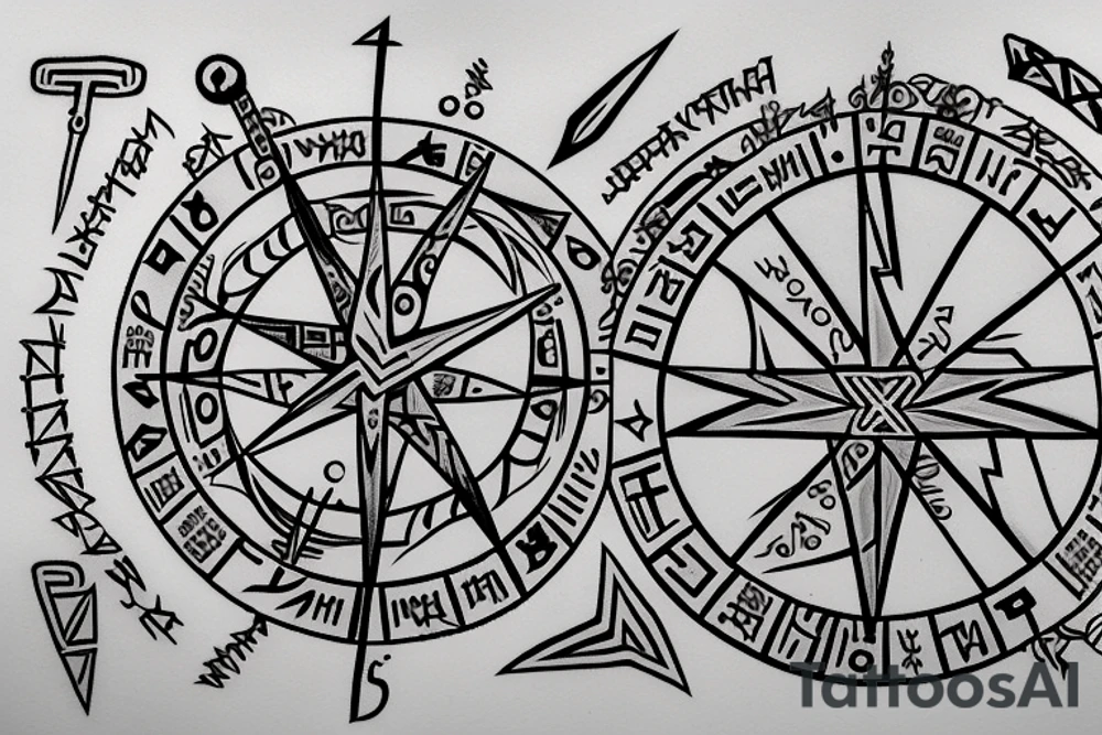 Wind rose in white, black, pink and blue, each name written in Runic/Futhark, Russian and Spanish on each of the eight needles with my name in the center (my name in Futhark and Russian) (26 names in total) tattoo idea