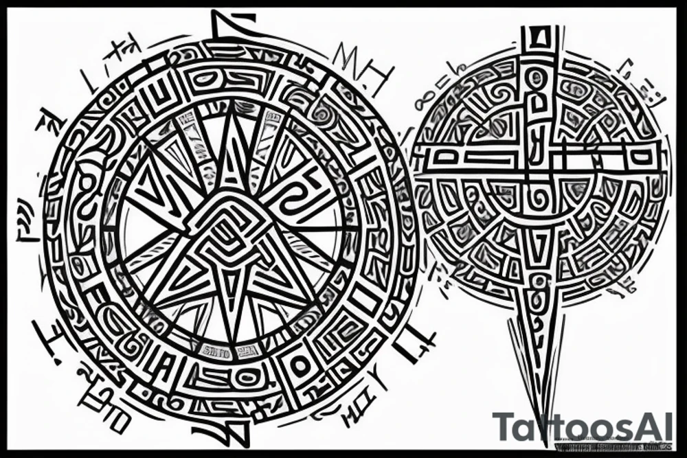 Wind rose in white, black, pink and blue, each name written in Runic/Futhark, Russian and Spanish on each of the eight needles with my name in the center (my name in Futhark and Russian) (26 names in total) tattoo idea