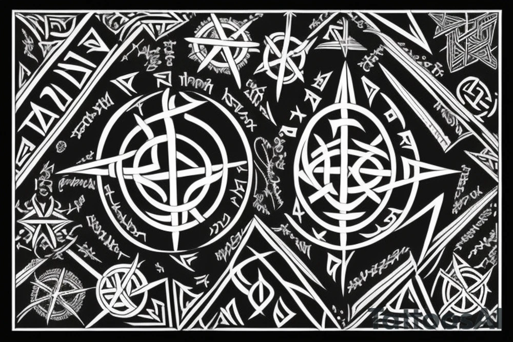 Wind rose in white, black, pink and blue, each name written in Runic/Futhark, Russian and Spanish on each of the eight needles with my name in the center (my name in Futhark and Russian) (26 names in total) tattoo idea