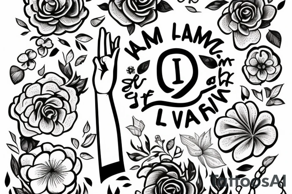 A hand reaching out into a bright, sunny sky, surrounded by flowers or other symbols of life and vitality. The quote "I am alive, I live, I breathe" under tattoo idea