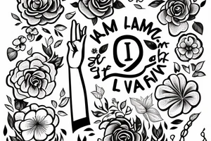 A hand reaching out into a bright, sunny sky, surrounded by flowers or other symbols of life and vitality. The quote "I am alive, I live, I breathe" under tattoo idea
