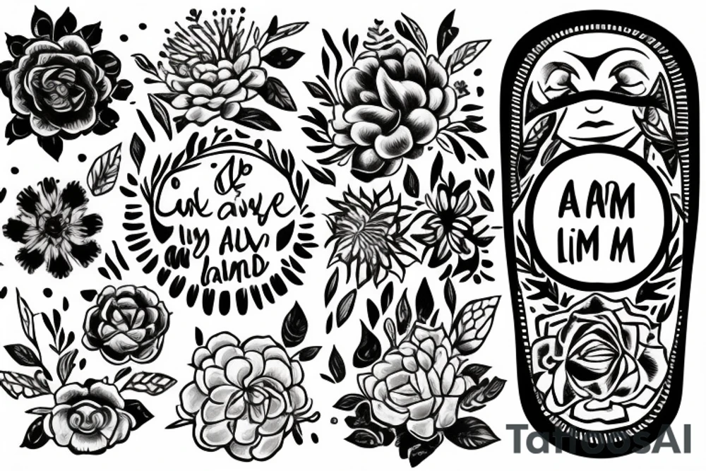 A hand reaching out into a bright, sunny sky, surrounded by flowers or other symbols of life and vitality. The quote "I am alive, I live, I breathe" under tattoo idea