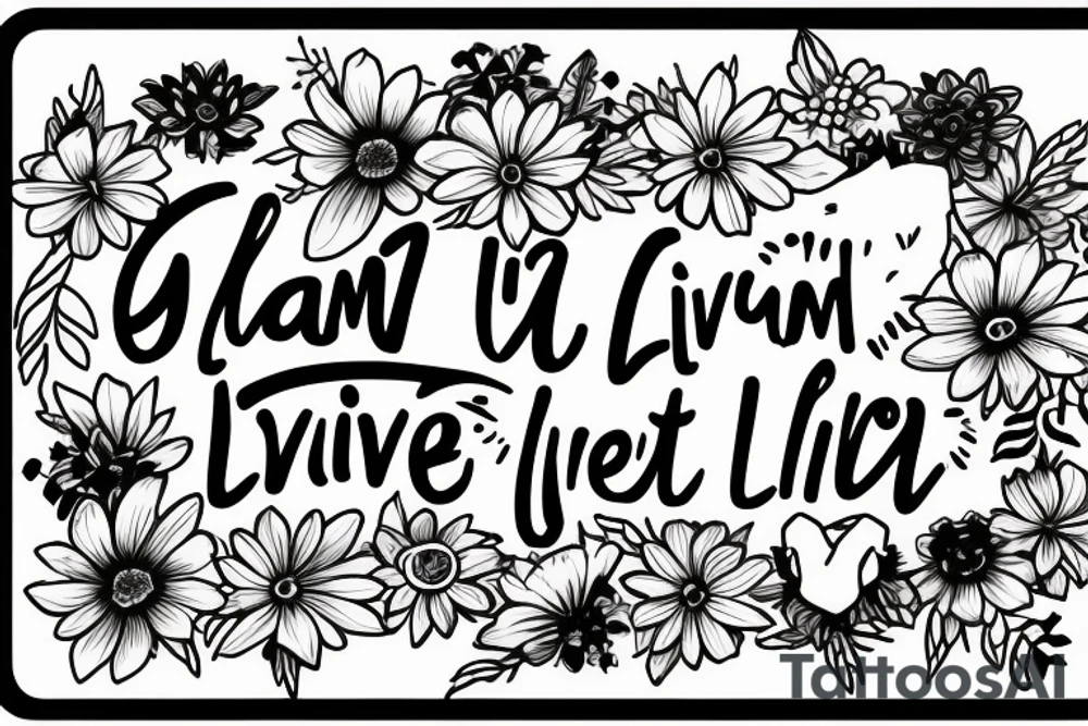 A hand reaching out into a bright, sunny sky, surrounded by flowers. The quote "I am alive, I live, I breathe" under tattoo idea